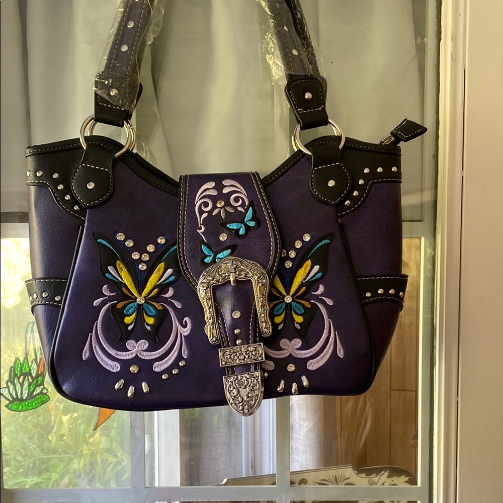 Embroidered Purple Handbag with Silver Accents